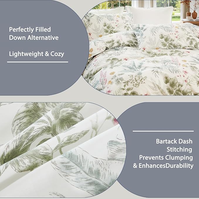 100% Cotton Comforter King Size Green Floral Bedding Set Reversible Botanical Comforter Set 3 Pcs Cottagecore Aesthetic Soft Bedding Sets for All Season