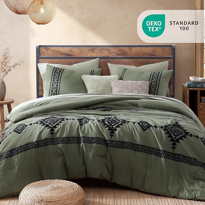 MaiRêve Embroidery Comforter Set, Boho Farmhouse Western Bedding Set, All Season Bed in A Bag Comforter Set with Sheets, Pillowcases & Shams, Olive Green King 7 Pieces