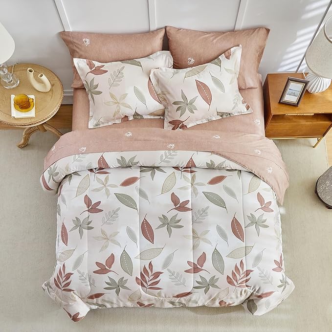 AIKASY 7-Piece Comforter Set Bed in a Bag, Beige Leaf Pattern Bedding Set with Comforter, Soft and Cozy All-Season Bedroom Decor (King, Beige)