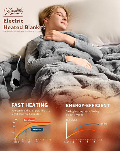 Homemate Heated Blanket Electric Throw - 50"x60" Heating Blanket Throw 1/2/4/6/8 Hours Auto-Off 10 Heat Levels Over-Heat Protection Luxury 800 GSM Faux Fur 200 GSM Sherpa ETL Certification