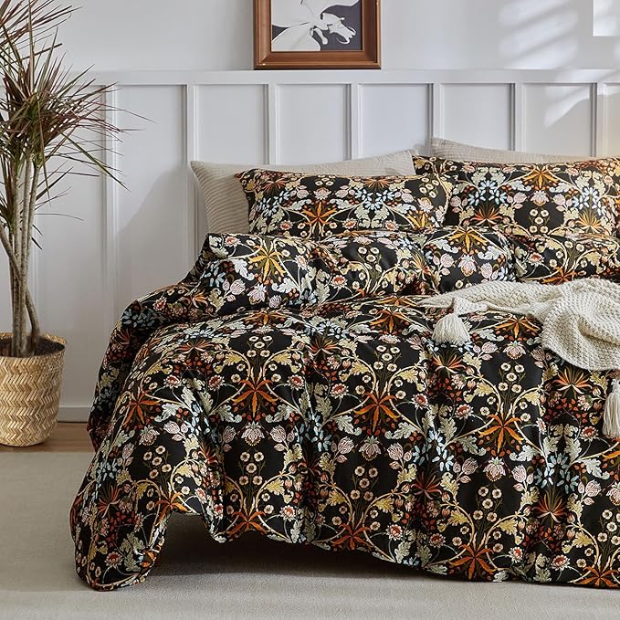 mixinni Vintage Floral Comforter Set Queen, All Seasons Bohemian Bedding Set, 3 Pieces Farmhouse Boho Shabby Chic Vibrant Colors Flowers Plants Comforter Set Perfect for Women and Men-Queen Size