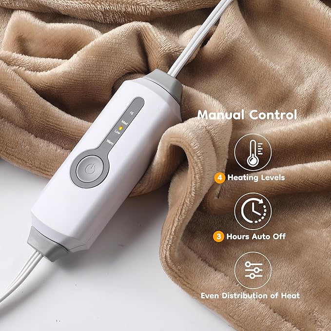 Electric Heated Blanket Throw Size 50"×60", Breathable & Luxurious Flannel, Soft Warm Gift with Over-Heat Protection, 4 Heating Levels & 3 H Auto Shut Off, Machine Washable, Light Brown