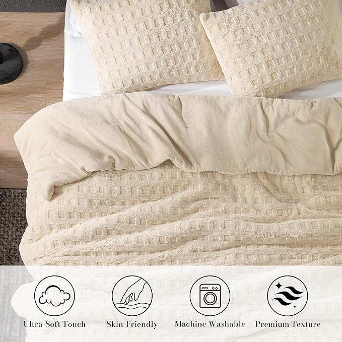 Amélie Home Waffle Comforter King Size Set, Khaki Fleece Beding Set, Fluffy Plush Bedding Set for Winter，Super Soft Warm,3 Pieces, 1 Cozy Comforter and 2 Pillowcases