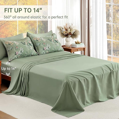 Green King Comforter Size Set, 7 Pieces Floral Bed in a Bag Bedding Sets, Lightweight Soft Comforter and Sheet Set, All Season Microfiber Flower Bedding Sets