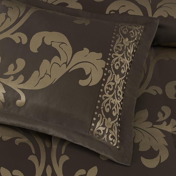 Chezmoi Collection 7-Piece Jacquard Floral Comforter Set (California King, Coffee/Gold)