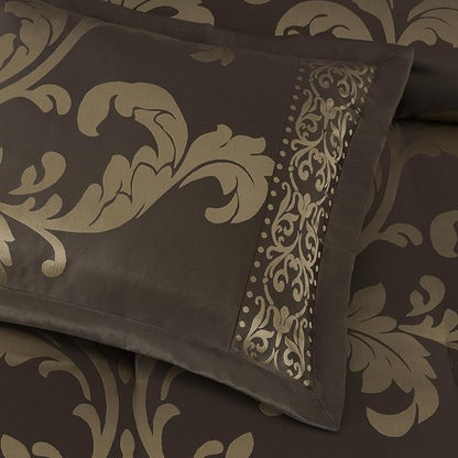 Chezmoi Collection 7-Piece Jacquard Floral Comforter Set (California King, Coffee/Gold)