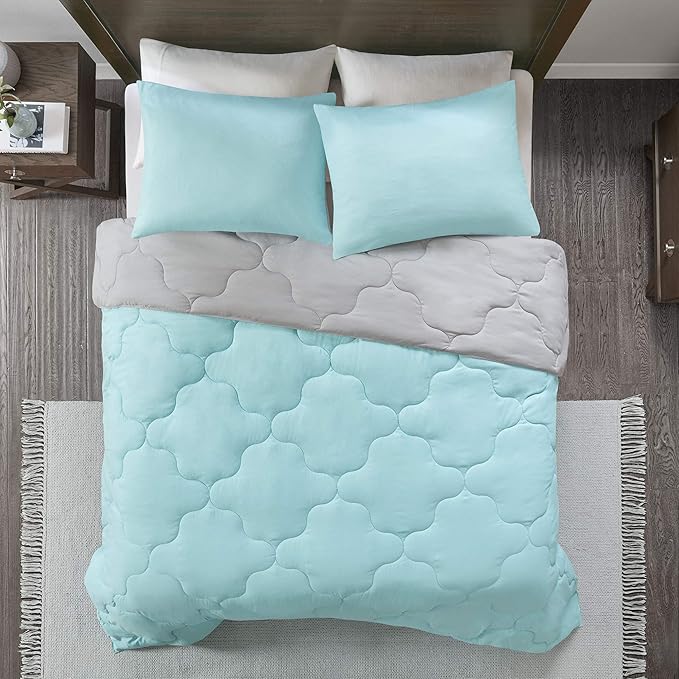 Comfort Spaces Vixie Reversible Comforter Set - Trendy Casual Geometric Quilted Cover, All Season Down Alternative Cozy Bedding, Matching Sham, Aqua/Gray, Full/Queen 3 piece