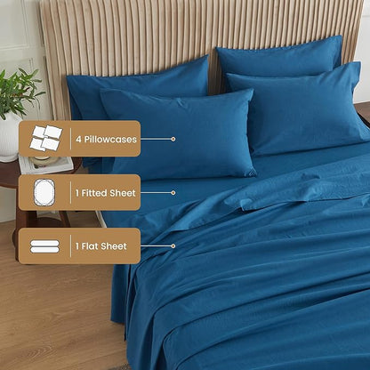 Simple&Opulence Belgian Linen Sheet Set Solid Color - 6 Pieces (1 Flat Sheet & 1 Fitted Sheet & 4 Pillowcases) 16" Deep Pocket Natural Flax Cotton Blended Soft Bedding - Navy Blue, King Size