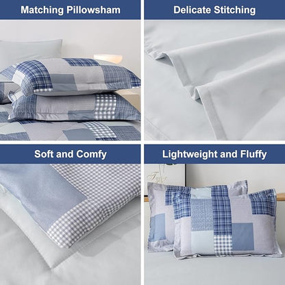 Comforter Set King Size Plaid Patchwork Comforter Bedding-7 Piece Bed in a Bag,Soft Fluffy Reversible Microfiber Bedding Set(1 Comforter,1 Flat Sheet,1 Fitted Sheet,2 Pillowcases,2 Pillow Shams),Blue