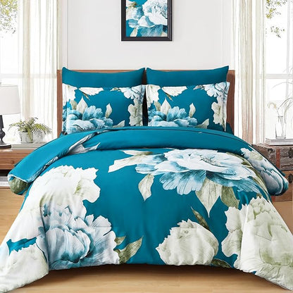 Dobuyly Teal Comforter Set Queen 7 Piece Bed in a Bag, Teal Blue Floral Printed Comforter Set with Sheets, Soft Microfiber Botanical Complete Bedding Set for All Season