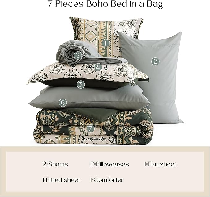 Geniospin King Size Comforter Set- 7 Pieces Boho Bed in a Bag, Western Bedding Set for All Seasons, Soft Aztec Bedding, Lightweight Comforter Bed Set with Sheets, Pillowcases & Shams