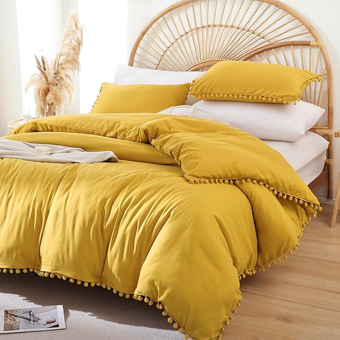 YIRDDEO Queen Comforter Set - Comforter Queen Size Sets with Ball Pom Fringe, Soft Bedding Set for All Seasons - 3 Pieces, 1 Comforter (90"x90") & 2 Pillow Shams (20"x26"), Mustard Yellow