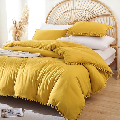 YIRDDEO Queen Comforter Set - Comforter Queen Size Sets with Ball Pom Fringe, Soft Bedding Set for All Seasons - 3 Pieces, 1 Comforter (90"x90") & 2 Pillow Shams (20"x26"), Mustard Yellow