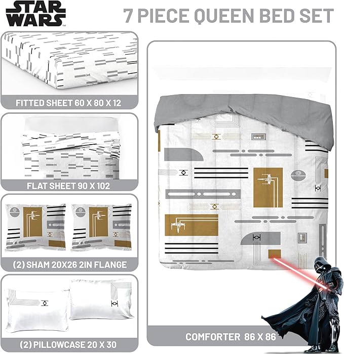 Jay Franco Comforter Set Includes Sheets and Pillow Covers - Soft and Cozy Bed Set for Stylish Room Decor, White - Star Wars, 7 Piece Queen Bedding