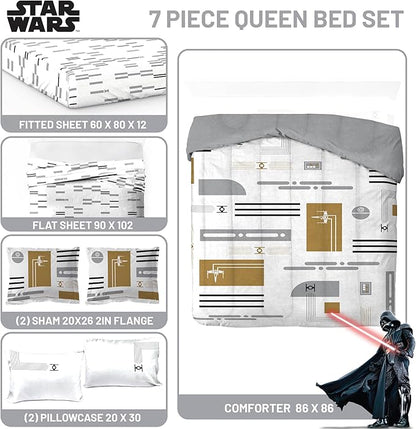 Jay Franco Comforter Set Includes Sheets and Pillow Covers - Soft and Cozy Bed Set for Stylish Room Decor, White - Star Wars, 7 Piece Queen Bedding