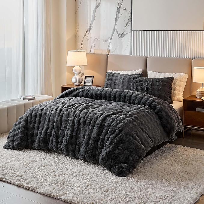 Queen Faux Rabbit Fur Comforter Set - 3 Pieces Fluffy Bedding Set Ultra Soft Warm Shaggy Winter Flannel Bed Set, Luxury Skin Friendly Sherpa Comforter Set & 2 Pillow Shams for Thanksgiving Dark Gray