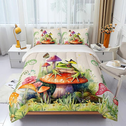 Frog Comforter Set King Size,Botanica Mushroom 3 Piece Bedding Set for Kids,Cartoon Comforter for Room Decor Cute Decor Beige Red Duvet Set King Size 3Pcs Quilt Set