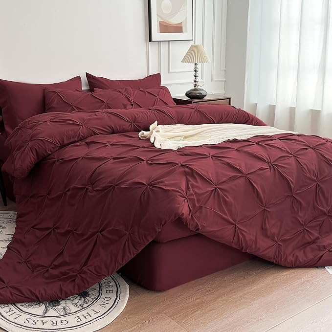 Maple&Stone Burgundy Comforter Set Queen, 7 Pieces Bed in a Bag Queen, Pintuck Bedding Sets with Comforter, Sheets, Pillowcases & Shams - Burgundy