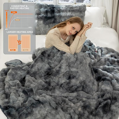 Faux Fur Electric Blanket Full Size 72"X84" - Bubble Faux Fur Heated Blanket Fluffy Soft Fuzzy with 6 Fast Heating Levels & 10 hrs Timer Settings, Washable & ETL Certified for Bed, Tie-Dye Blue