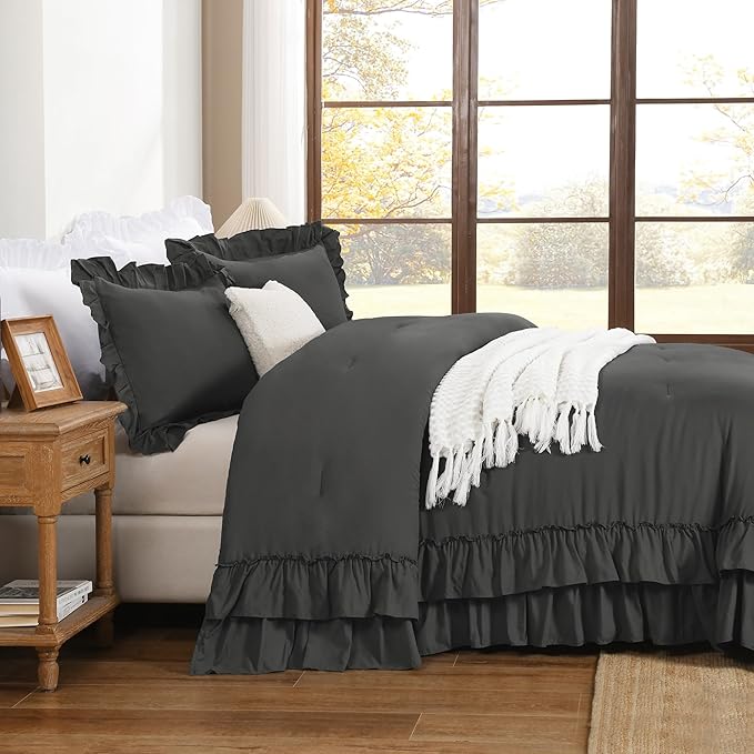 Andency Dark Gray California King Comforter Set, 3 Pieces Lightweight Fluffy Farmhouse Shabby Chic Bedding Comforter Sets, Soft Microfiber All Season Cal King Bed Set (104x96Inch)