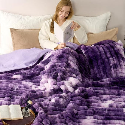 Cozy Bliss Faux Fur Throw Blanket for Couch, Cozy Warm Plush Striped Blanket for Sofa Bedroom Living Room, 108 * 90 Inches Tie-dye Purple