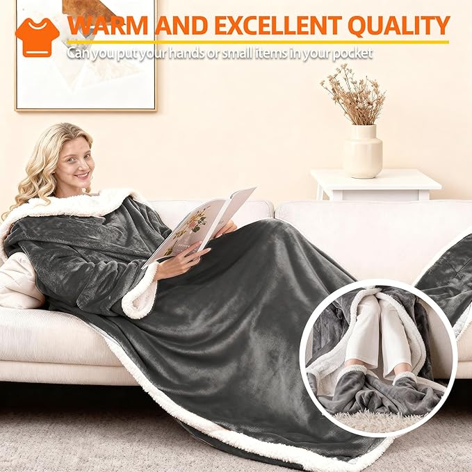 Heated Blanket Wearable Electric with Sleeves & Foot Pocket, Heating Blanket with 8 Hours Auto Off 10 Fast Heating Levels, Machine Washable, Gift Idea, 52”*72”+18”