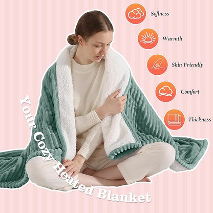 Electric Blanket Twin Heated Blanket 62x84'', Soft Flannel & Sherpa Warming Blanket for Office with Fast Heating & Overheat Protection, Machine Washable Heating Blanket, Best Gift for Grandma (Green)