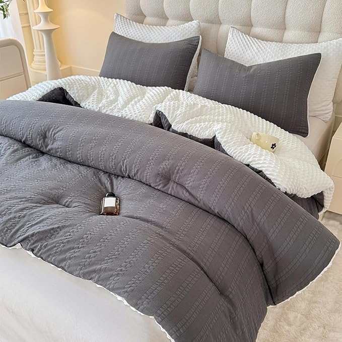 Boho Comforter Set Queen Size Striped Pleats Bohemian Seersucker Bedding Set All Season Soft Cozy 3 Pieces Quilt with 2 Pillowcases(90"X90" Dark Grey)