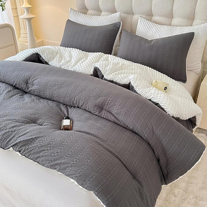 Boho Comforter Set Queen Size Striped Pleats Bohemian Seersucker Bedding Set All Season Soft Cozy 3 Pieces Quilt with 2 Pillowcases(90"X90" Dark Grey)