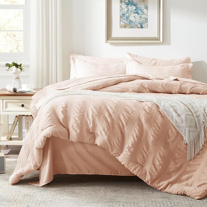 Zzlpp King Comforter Set 7 Pieces, Pink Seersucker Bed in a Bag with Comforter and Sheets, All Season Bedding Sets with 1 Comforter, 2 Pillow Shams, 2 Pillowcases, 1 Flat Sheet