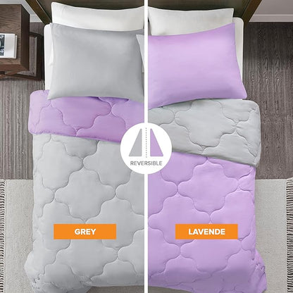 Comfort Spaces Vixie Reversible Comforter Set - Trendy Casual Geometric Quilted Cover, All Season Down Alternative Cozy Bedding, Matching Sham, Lavender/Gray, Full/Queen 3 piece
