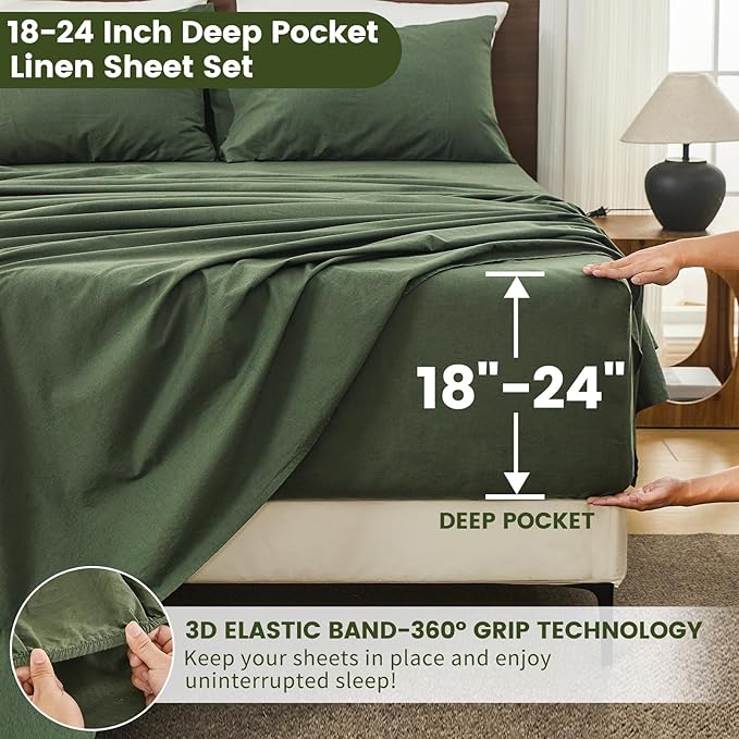 Bedlifes 100% French Linen Sheets King Size 18-24”Extra Deep Pocket 4-Piece Set Breathable & Moisture-Wicking,Soft & Durable Sheets for Thick Mattresses((Forest Green)