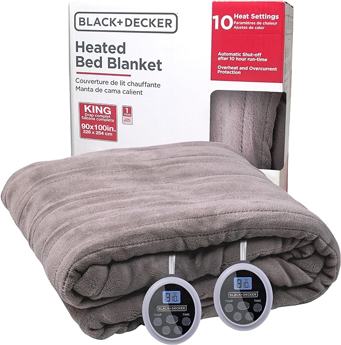 BLACK+DECKER Heated Blanket Electric King, Micro Plush Electric Blanket, Heating Blanket with 10 Heating Levels, 10H Timer, Auto Shutoff, Dual Zone Heating, Fast Heating (90x100 inches, Grey)