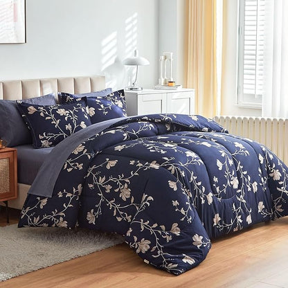 AIKASY Bed in a Bag Queen Comforter Set，7 Pieces Floral Comforter Set Bedding Sets with (1 Comforter, 2 Pillow Shams, 1 Flat Sheet, 1 Fitted Sheet, 2 Pillowcases) (Navy, Queen)