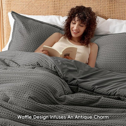 PHF Soft Waffle Comforter Set King Size- Comfy Breathable Waffle Weave Comforter with 2 Pillow Shams, 3 Pieces Less Snagging Lightweight Textured Bedding Set for All Season, Grey