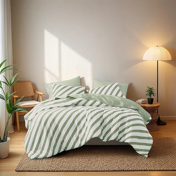 Reversible Striped Queen Comforter Set, Soft Microfiber Bedding Set with Double-sided Stripes Design, Warm & Cozy for All-Seasons, 3-Piece Comforter and Shams Set Queen Size, Sage Green