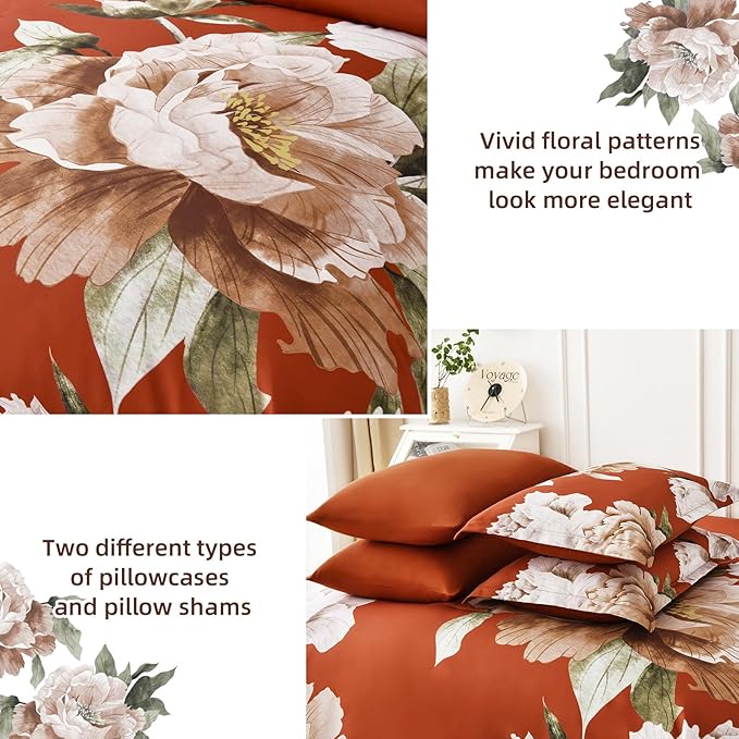 Dobuyly Burnt Orange Comforter Set King Size 7 Piece Bed in a Bag, Floral Printed on Terracotta Comforter Set with Sheets, Soft Microfiber Botanical Fall Bedding Set for All Season