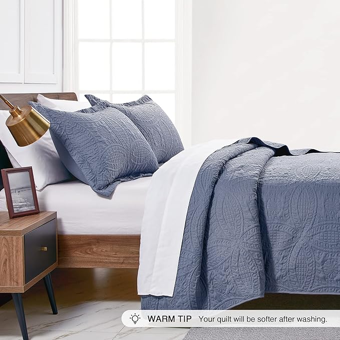 Love's cabin Twin Quilt Set Blue Bedspreads - Soft Bed Summer Lightweight Bedspread Comforter - Modern Style Coin Pattern Coverlet for All Season - 2 Pieces (1 Quilt, 1 Pillow Sham)
