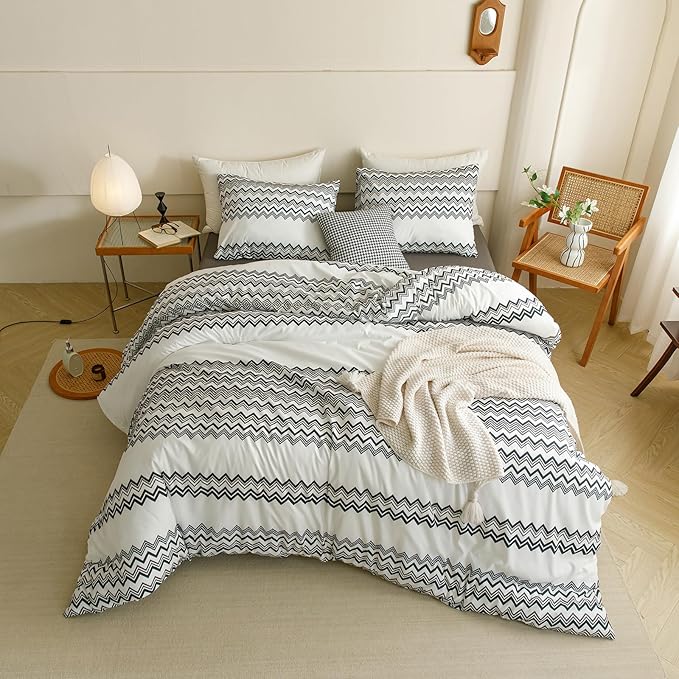 Cottonight Black Striped Comforter Set King Aztec Boho White Black Bedding Comforter Set King Modern Rustic Blanket Quilts Farmhouse Tribal Soft Breathable Comforter Set Women Men