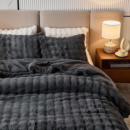 King Faux Rabbit Fur Comforter Set - 3 Pieces Fluffy Bedding Set Ultra Soft Warm Shaggy Winter Flannel Bed Set, Luxury Skin Friendly Sherpa Comforter Set & 2 Pillow Shams for Thanksgiving Dark Gray