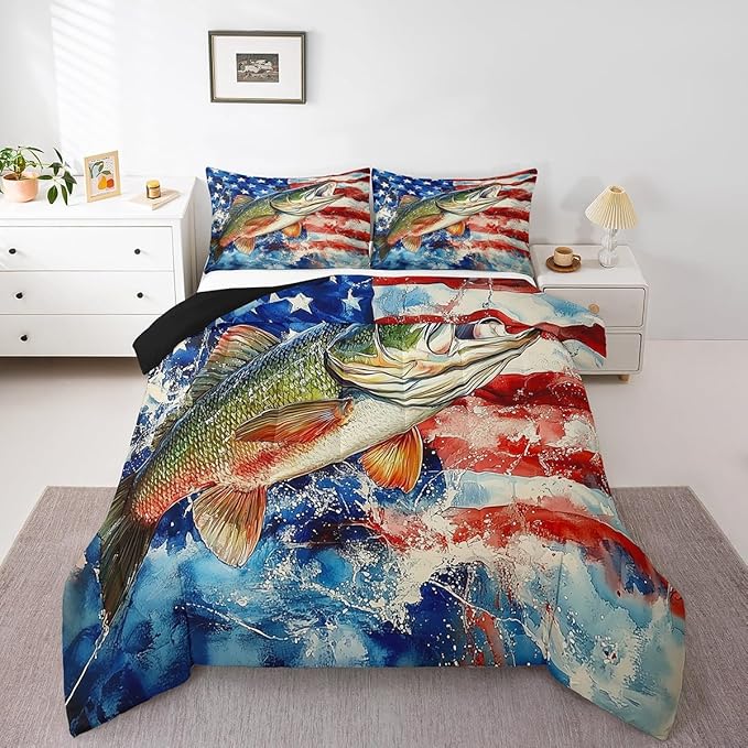 Erosebridal Pike Fish King Bedding Set,American Flag Fishing Comforter Set for Kids Boys Men,Big Bass Fish Comforter,Rustic Vintage Lake House Bedroom Room Decor,2 Pillowcases Breathable