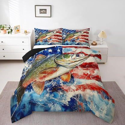 Erosebridal Pike Fish King Bedding Set,American Flag Fishing Comforter Set for Kids Boys Men,Big Bass Fish Comforter,Rustic Vintage Lake House Bedroom Room Decor,2 Pillowcases Breathable