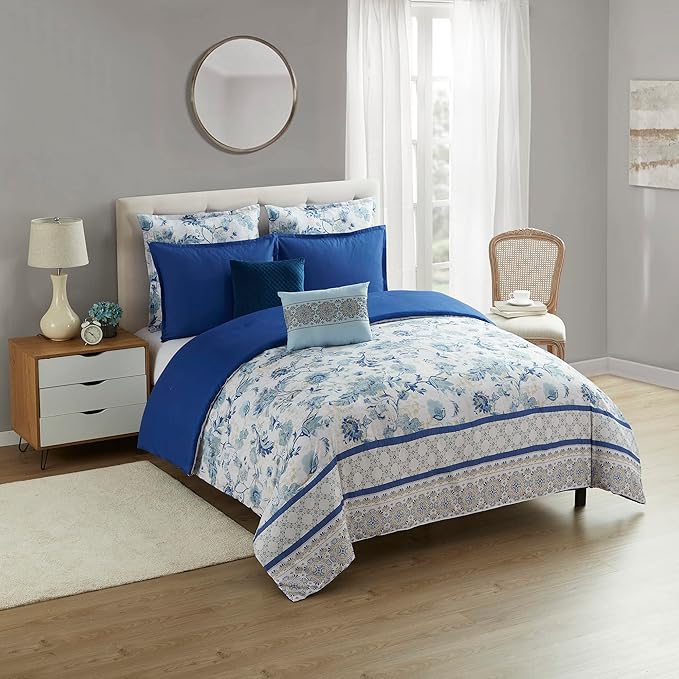 King Size Comforter Set 7 Piece Ultra Soft Fashion Printed Bedding Sets with Shams, Decorative Throw Pillows, and Pillowcases, King, Margolis