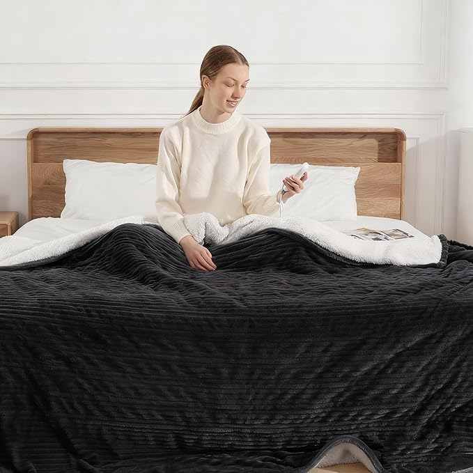 Electric Blanket Full Heated Blanket Full Size- Striped Flannel & Thick Sherpa, 5 Heat Settings & 10 Hour Auto Off with FCC/ETL Certified, Overheat Protection & Machine Washable, Charcoal Grey 72"x84"