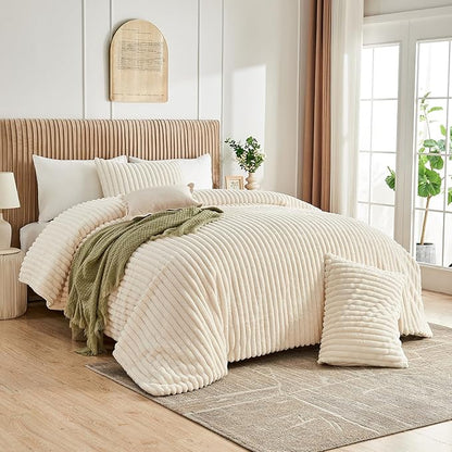 Lotus Karen Faux Fur Queen Comforter Set 3 Pieces – Soft Fluffy White Comforter Full Size, Vertical Striped Faux Rabbit Fur Fuzzy Warm Bedding Set（1 Comforter and 2 Pillowcases）