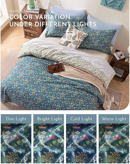 Cotton Floral Comforter Queen Size - 3PC Lightweight Bedding Sets with Ultra-Soft Alternative Fill, Luxurious Reversible Design with Vibrant Floral Pattern, Deep Slate Blue & White Options