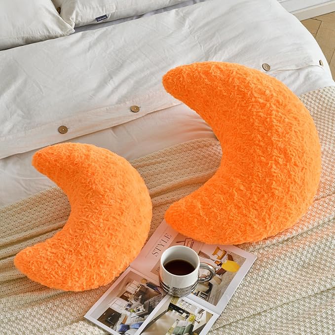 Moon Shaped Pillow with Soft Faux Fur for Couch, Bed, Sofa - Cute Half Moon Pillows with Room Decor for Bedroom, Living Room (19 Inches, Orange)