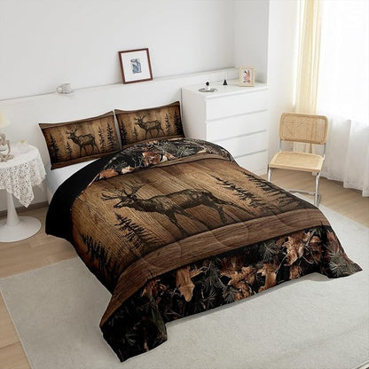 Erosebridal Camo Moose Bedding Comforter Sets Rustic Tree Camouflage Wildlife Bedding Set Full Woodland Hunting Animal Comforter Set for Kids Boys Men Farmhouse Wood Board Pine Tree Quilt Set