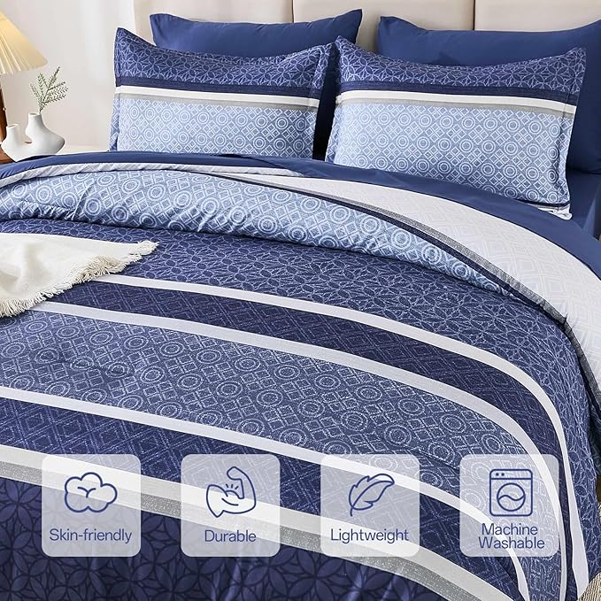 WONGS BEDDING Comforter Set King Size 7 Pieces,Navy Blue Striped Bed in a Bag Comforter and Sheet Set,Patchwork Soft Lightweight Micorfiber Bedding Set for All Seaon (90"×104")