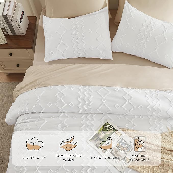 Andency Queen Comforter Set White, 3 Pieces Boho Textured Fall Farmhouse Bed, Microfiber Down Alternative Geometric Bedding Set (90x90Inch Comforter, 2 Pillowcases)